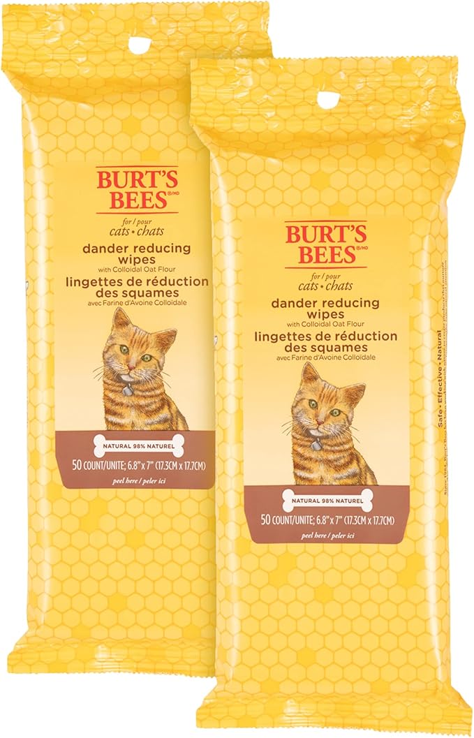 BURT'S BEES FOR PETS Cat Dander Remover Wipes, Unscented Soft Grooming Cloths with Colloidal Oat Flour + Aloe, Helps Reduce Flaking Between Baths for Cats & Kittens, 50 Count - Pack