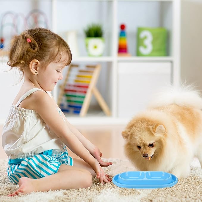 2 Pieces Cat Food Basic Dog Bowls 35oz Plastic Double Pet Food Water Bowls Feeding Bowl Tray Cat Eating and Drinking No Spill for Dogs Pets, Pink and Light Blue