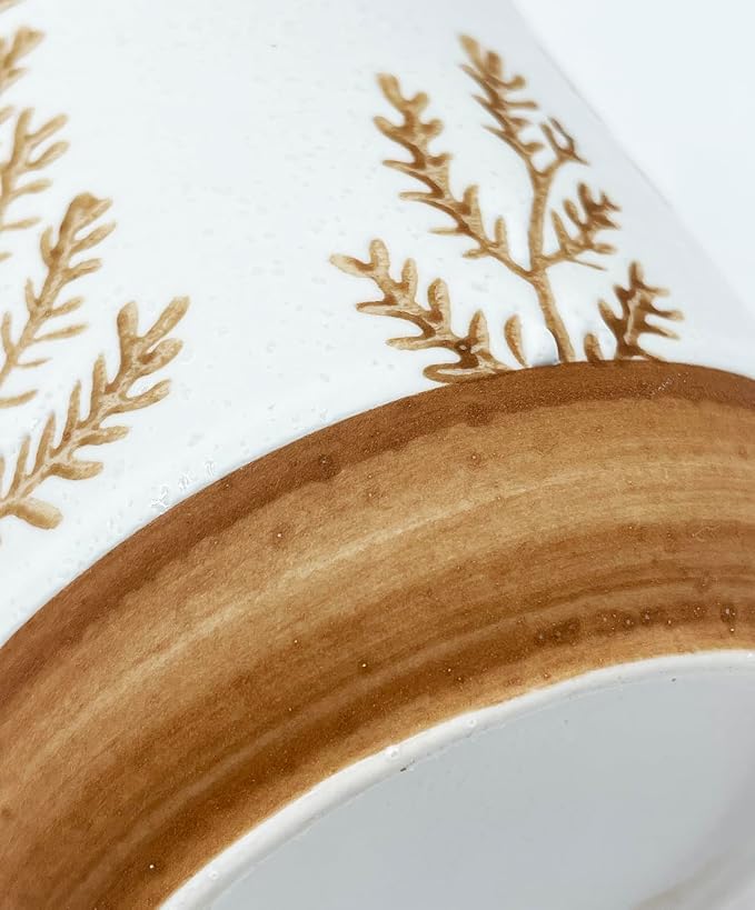 10oz Ceramic Airtight Food Storage Container with Wooden Spoon for Sugar,Matcha,Salt,Coffee,Spices,Cat Treat,Loose Leaf Tea(White Botanical Fern Pattern)