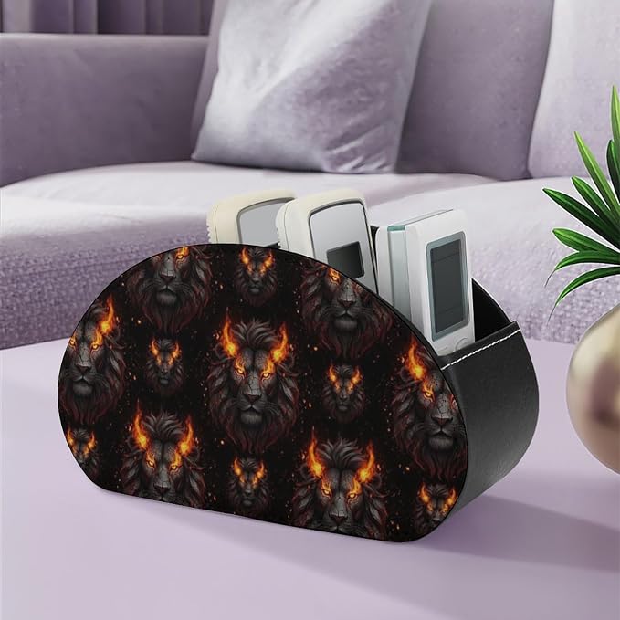 TV Remote Controllers Holder Fire Cool Lion Black Bedside Table Organizer | Desktop Storage Caddy Box, Fire Cool Lion Black, Pu Leather, 5 Compartments for Controller, Media Player