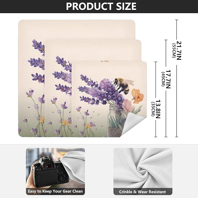 JIPONI Lavender Bee Makeup Bag, Self-Adhesive Magic Wrap Cloth, Portable Cosmetic Organizer, Camera Lens Protector, Travel Storage for Beauty Essentials, 21.7"x21.7"