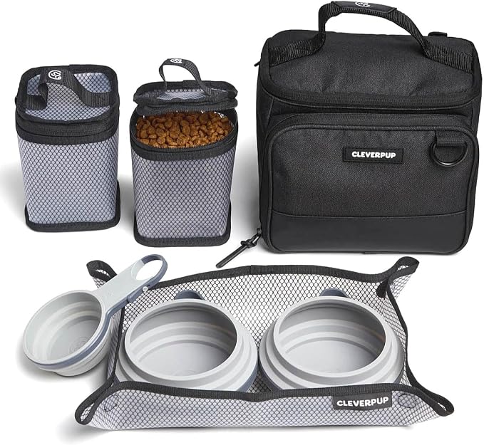 Small 7-Piece Bistro Box Dog Food Travel Kit, 6-Cup BPA-Free Kibble Storage, 2 Silicone Bowls, Mat & Scoop - Portable Pet Food Kit for Weekends, Overnights, Daycare & Camping, Graphite
