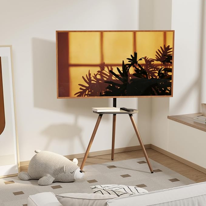 Tripod TV Stand for 43-65" TVs, Swivel, Black Walnut | Height-adjustable easel TV stand, wood media shelf, cable management and VESA up to 400x400