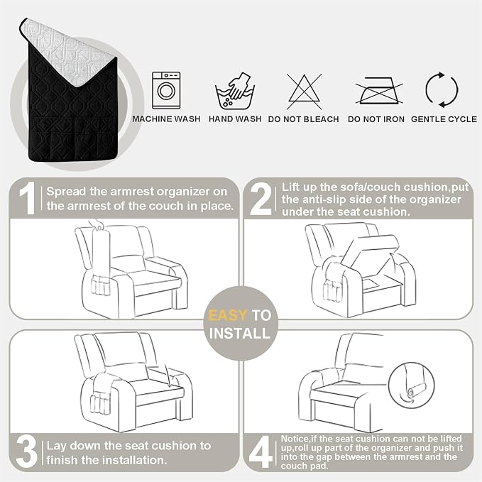 Recliner Armrest Cover with Headrest, Chair Armrest Slipcover with Side Pockets, Water-Resistant, Non Slip Furniture Protector for Pets(Black,1 Seater 3PCS)