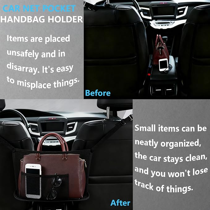 Purse Holder For Car Between Front Seat, Net Pocket Handbag Holder & Backseat Pet/Kid Barrier, Organizer Mesh Bag Storage For Phones/Snacks, Car Accessories For Women