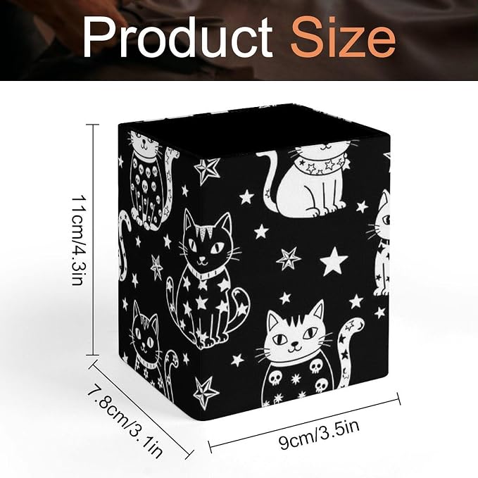 PU Leather Pen Pencil Holder Halloween Gothic Witch Moon Star Cat Skull Black And White Pencil Cup Stationery Container Box Makeup Brush Holder Storage Organizer for Office Supplies