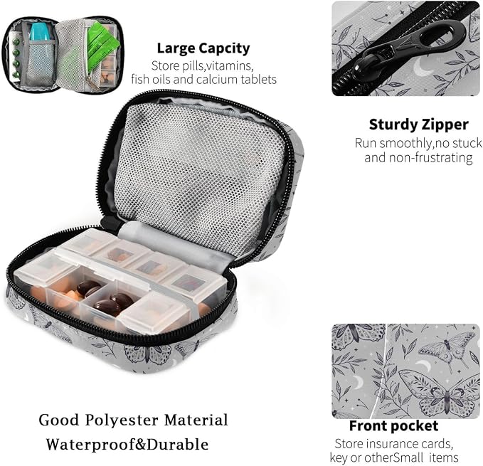 Fustylead Boho Magic Gray Space Elements Stars Butterflies Pill Organizer Travel Portable Zipper Cloth Bag for Holding Weekly Supplements Vitamins and Fish Oils