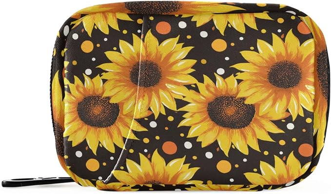 Fustylead Vibrant Yellow Sunflowers on Black Background Pill Organizer Case with Zipper 2 Times A Day for Vitamin and Supplement, 7 Day Travel Organizer Medicine Case