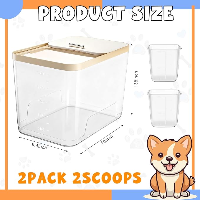 Teenyyou 2 Pack 30 Lbs Airtight Dog Food Storage Container with 2 Scoops, Clear Cat Food Container Storage Bin with Measuring for Dog Cat Bird Other Pet