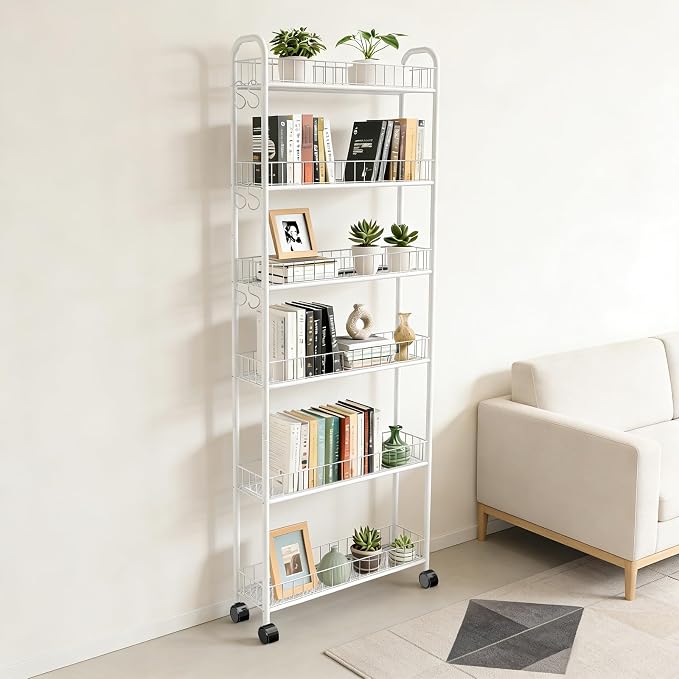 Slim Rolling Storage Cart with Wheels, 6in 6 Tier White | Narrow Space Shelving Unit, Metal Wire Mobile Organizer Rack for Kitchen Bathroom Office Laundry