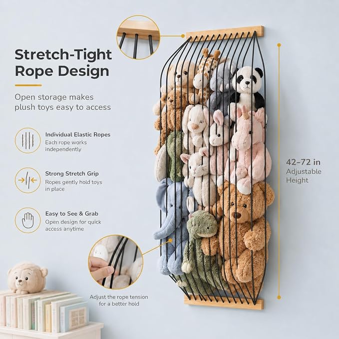 Stuffed Animal Storage Wood Soft Toy Organizer for Kids Room，Cute and Durable Wall or Door Mount Length Adjustable Hanging Stuffed Animal Toy Organizer Shelf for Nursery Play Room Black -Patent