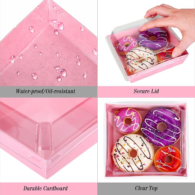 Whaline 50Pcs 4.7 x 4.3 Inch Valentine's Day Small Charcuterie Boxes with Clear Lids Pink Mini Dessert Boxes with Forks and Knives Disposable Food Containers for Sandwich Cookie Sushi Cake Slice Fruit