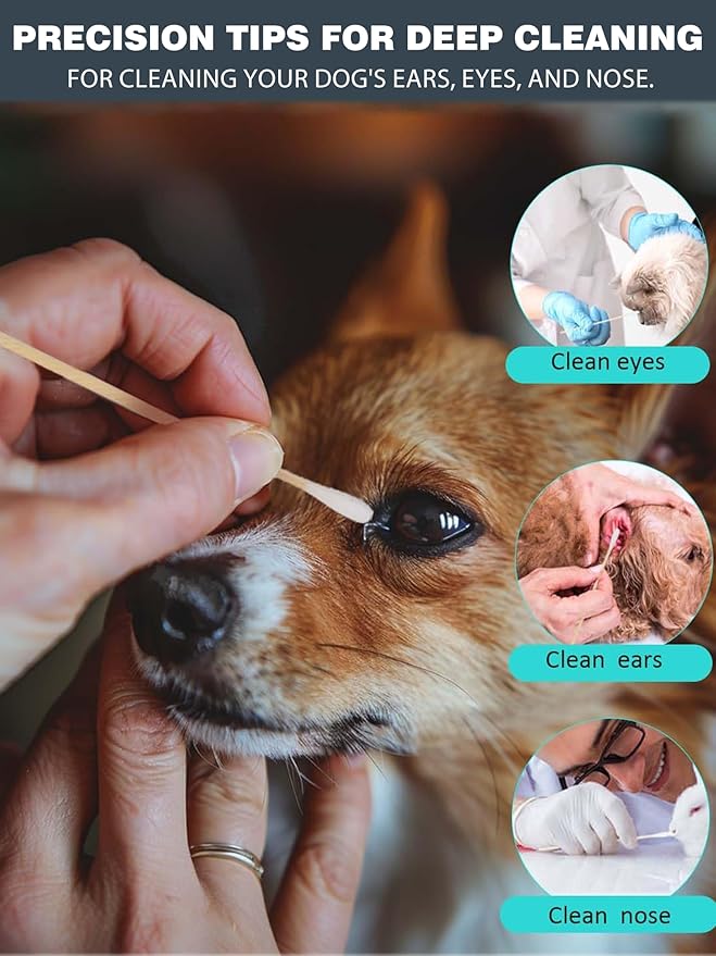 Dog Ear Swabs 6 Inch (600 Count, 6 Resealable Packs) - Bamboo Pet Cotton Buds, Large Round Tips for Puppy Ear Wax Cleaning, Tear Stain Removing & Grooming Refill
