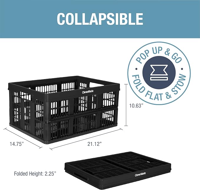 CleverMade Collapsible Utility Crate (Recycled) - 45L - Obsidian (3PK) | Create Stackable Order for Groceries, Tools, and Gear | Each Crate Holds 66 lb, Folds Under 3 Inches, and Carries Easily