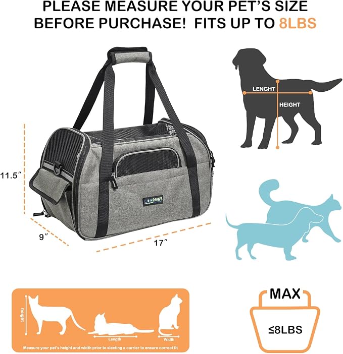 Jespet Airline Approved Soft-Sided Kennel Pet Carrier Travel Handbag | Lightweight, Foldable, Portable, Built-In Safety Leash, Luggage Sleeve, for Cats & Small Dogs, for Indoor & Outdoor