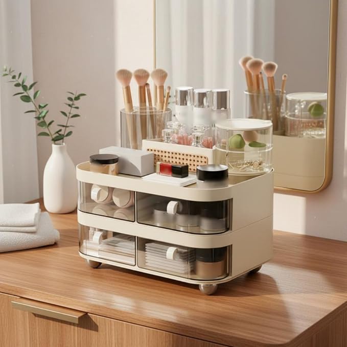 Cosmetic Organizer Makeup Storage Box With Drawers Desktop Vanity Organizer Beauty Holder Rotating Accessories PET Build 360‑degree access and dust