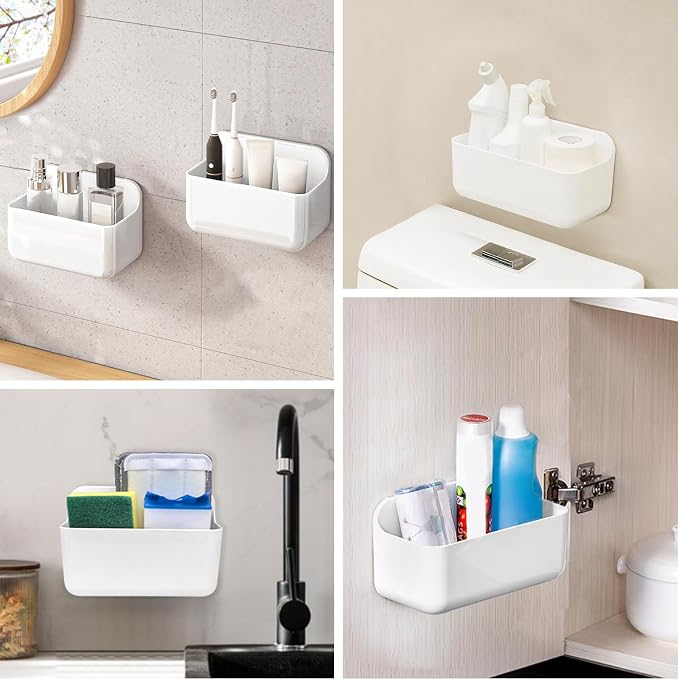 CGBE 2-Pack Cabinet Door Organizer, Self Adhesive Bathroom Shelves, White | Acrylic Shower Caddy, Wall Mounted Storage, No Drilling, Automatic Draining, For Cabinet Door and Shower Wall