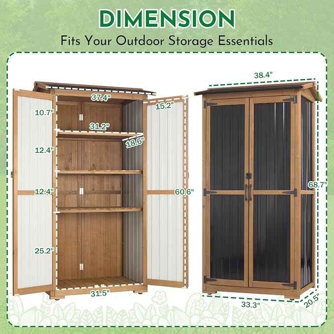 Ketive Outdoor Storage Cabinet, Wood & Metal Garden Cabinet with 3 Adjustable Shelf, Weather-Resistant Roof, Lockable Doors & Adjustable Feet for Patio, Garden, Farm (33" L x 21" W x 69" H)