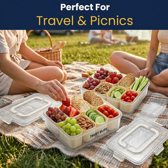 Snackle Box Container with Built-In Utensil Tray | BPA-Free 8 Compartment Divided Serving Tray, Snack Organizer & Snack Tackle Box for Adults and Kids | Portable snacklebox for Travel