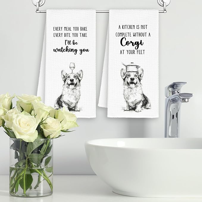 Funny Dog Corgi Kitchen Towels Set of 2, Cute Dish Towel Gifts for Dog Lovers Mom Christmas, Every Meal You Bake Hand Towels Decor for Bathroom, Rustic Tea Bar Towel for Dining Room 16x24in
