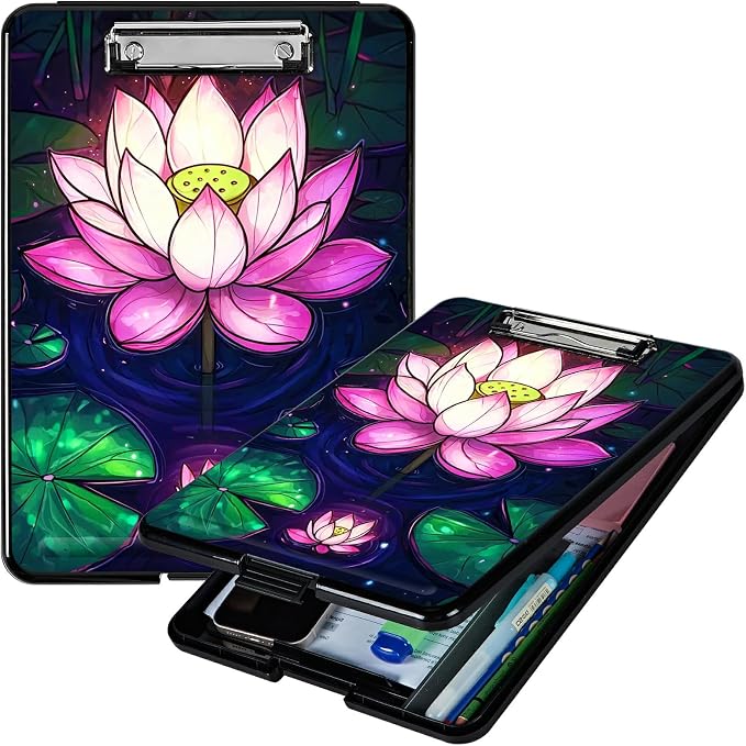 Pink Lotus Flower A4 Clipboard with Storage Pen Holder, Clipboards Organizer Nursing Clipboard Foldable File Folder Plastic Clipboard Folio Clip Board for Office Students Classroom Doctor