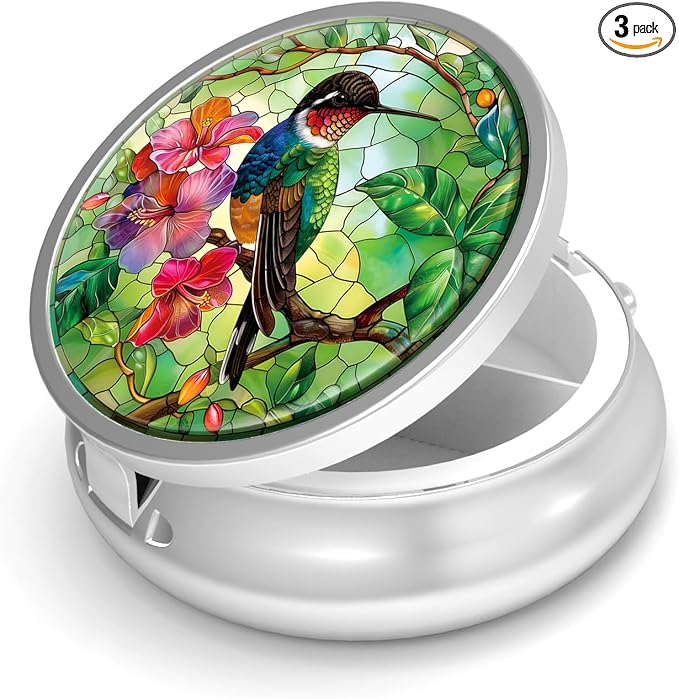Pill Box-3 Compartment Small Pill Case for Purse & Pocket Mini Metal Pill Holder Travel Pill Container to Hold Supplements Vitamins BPA-Free (Hummingbird)