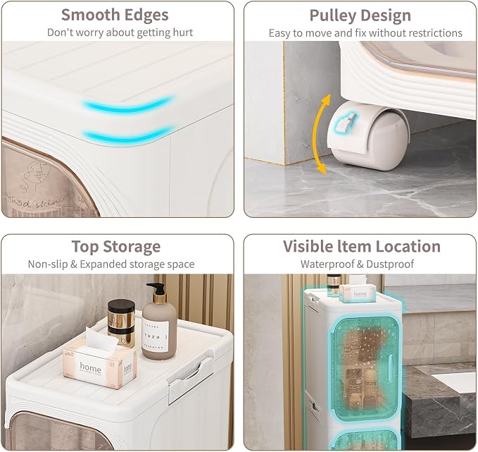 3 Tier Slim Bathroom Storage Cabinet, Foldable and Movable, Beige | Tools Free, ABS and PET, Magnetic Clear Door, Adjustable Shelves, Lockable Wheels, Water Resistant, For Narrow Space