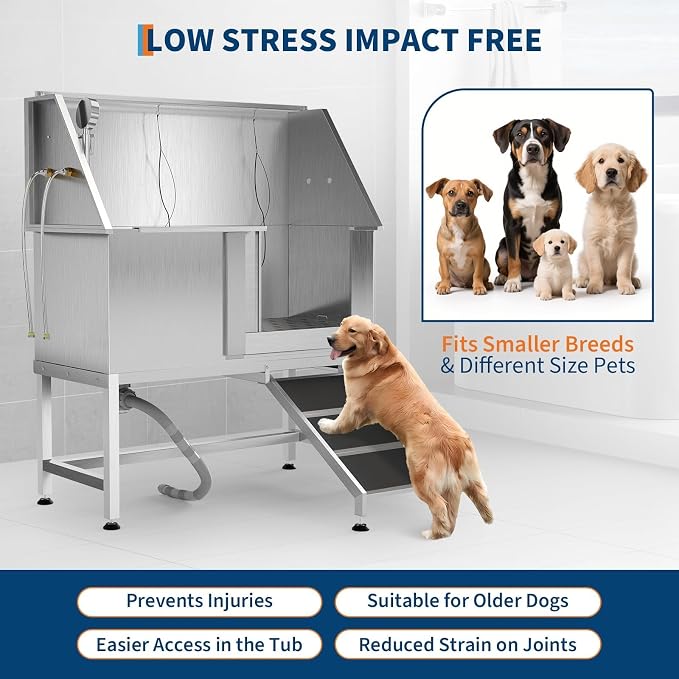 Garvee 50in Stainless Steel Dog Washing Station with Ramp Pet Grooming Tub | 330lb weight capacity, triple splash baffles, removable drain grate, adjustable platform