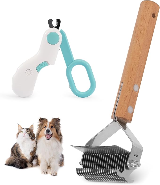 Undercoat Rake for Dogs Cats - 2-in-1 Deshedding Brush for Long Haired Pet, Dog Nail Clippers with Double Sided Dematting Shedding Comb, Matted Fur Removal Grooming Tool for Knots Mats Tangles