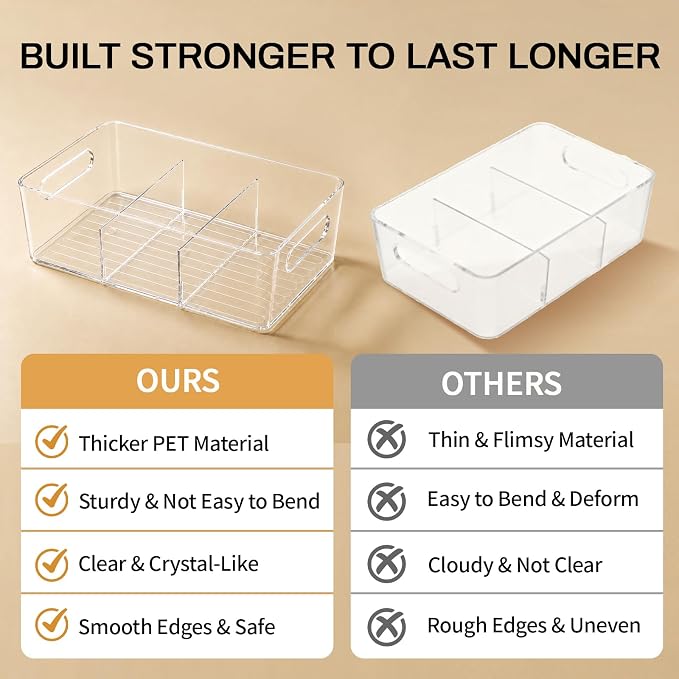 Mpotmiy 6-Pack Pantry Organizers and Storage, Clear Fridge Organizer Bins | Clear stackable plastic bins with removable dividers for packets, snacks, pouches and spices in pantry, fridge or freezer.