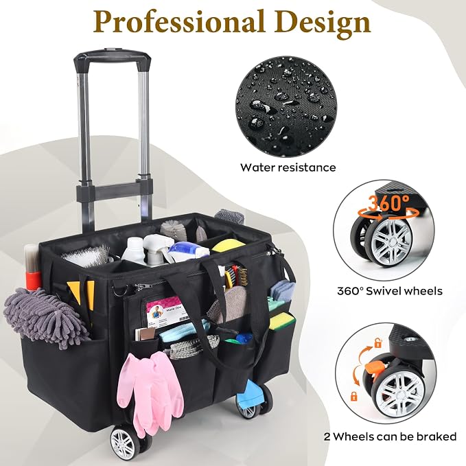 Rolling Cleaning Caddy Bag with Detachable Trolley, Multi-Functional Portable Cleaning Cart Supplies Organizer for Housekeeping and Domestic Cleaning, Cleaning Caddy with Wheels, Black