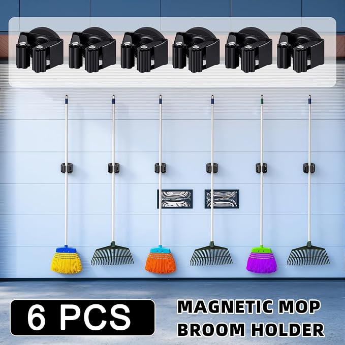 Vercraft 6 Pcs Magnetic Broom Holder Wall Mounted Anti Slip Rack,Black | Movable Magnetic Organizer for Mops Brooms, Dual Roller Grip, Wall Storage for Garage Kitchen Laundry Garden Tools