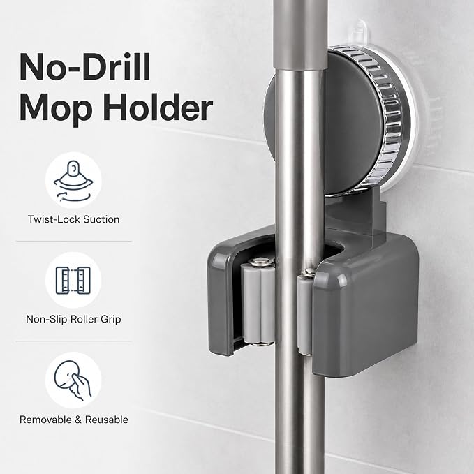 Suction Cup Mop and Broom Holder Wall Mount, 2 Pack | No Drill, Rotating Mop Gripper and Broom Hanger, For Bathroom, Kitchen, Laundry Room