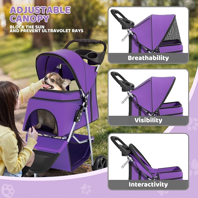Magshion 3-Wheel Pet Stroller for Small/Medium Dogs & Cats, Up to 33lbs | Foldable Travel Jogger w/ Breathable Mesh Cover, Lightweight Design, Safety Tethers, Cup Holder & Storage Basket