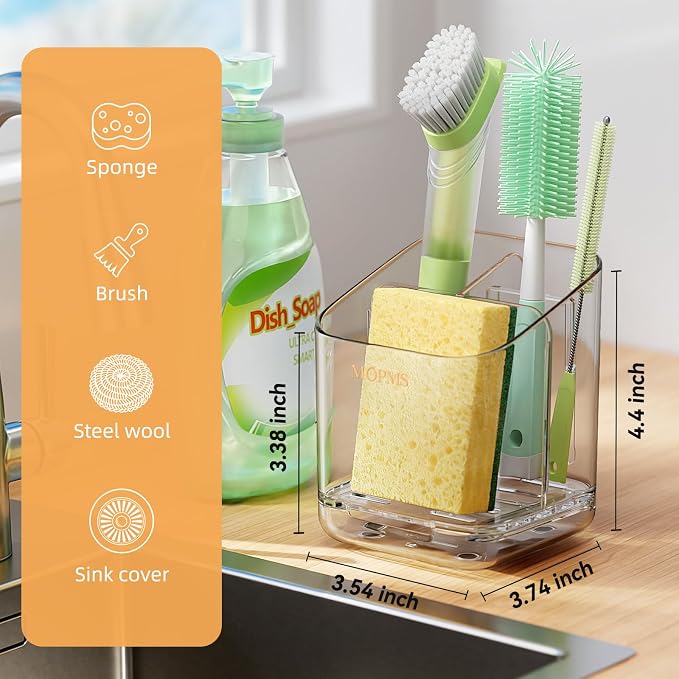 MOPMS Kitchen Sponge Holder with Drip Tray, Sink Caddy Organizer | Clear PET Kitchen Storage Rack Holds Brushes with Removable Divider, Durable Countertop Holder Space-Saving