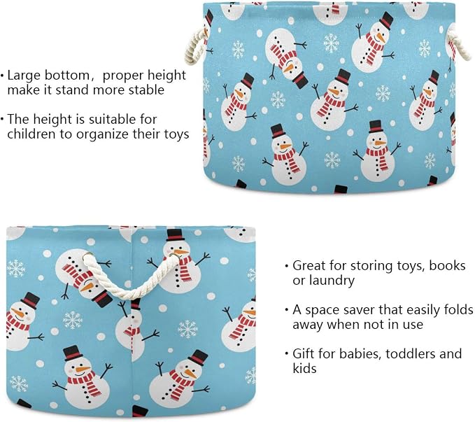 DOMIKING Large Storage Basket for Toys Christmas Snowman Blue Winter Storage Bin Box Kids Laundry Hamper for Home Decor Pet Toy Blankets Nursery