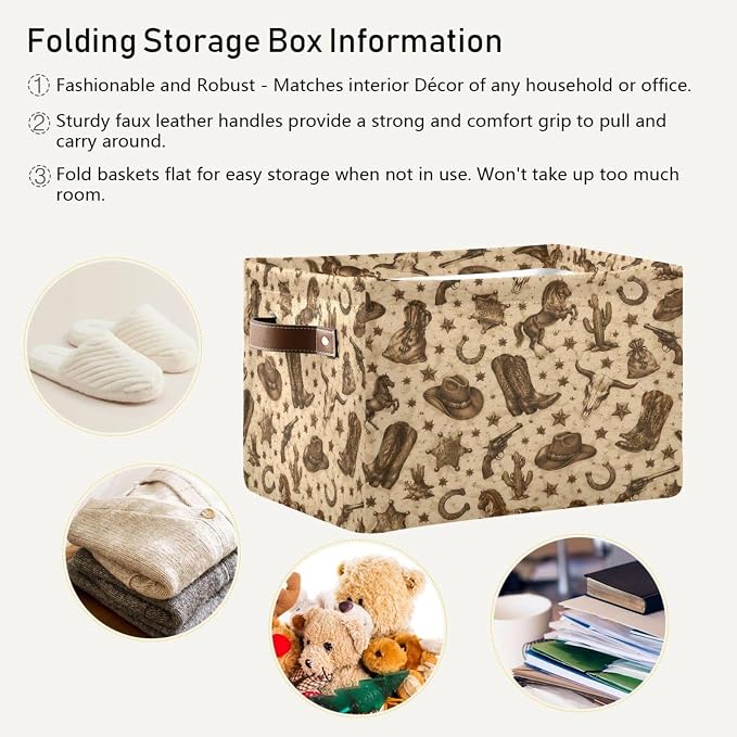 Kigai Storage Basket, Fabric Collapsible Closet Organizer Bin | Western Print Waterproof Foldable Canvas Basket with Handles for Shelves, Nursery, Closet, Bedroom & Bathroom