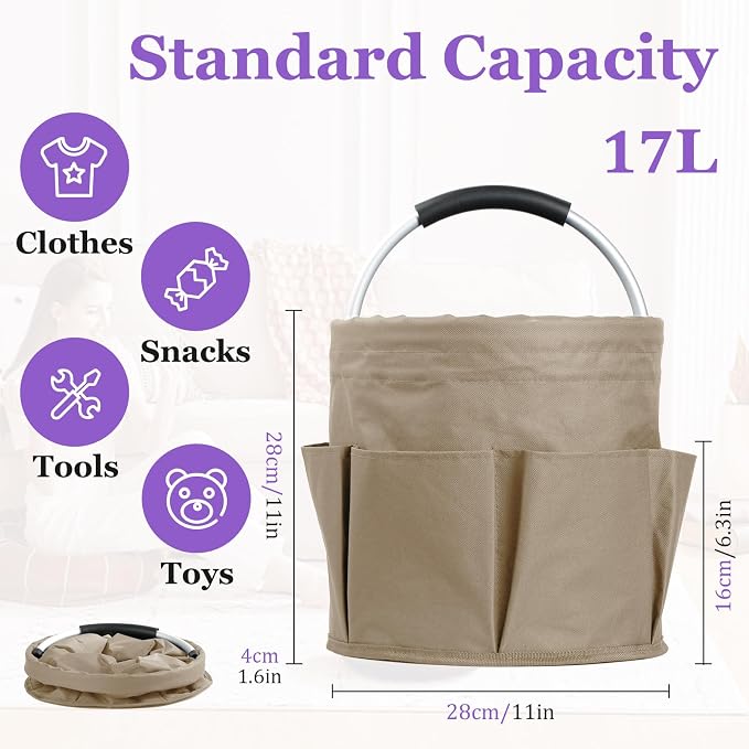 17L Cleaning Supply Caddy with Soft Handle, Portable Shower Caddy in 600D Oxford Fabric, Garden Tool Organizer Bag, Multifunctional Storage Basket for Bathroom, Garden, Khaki