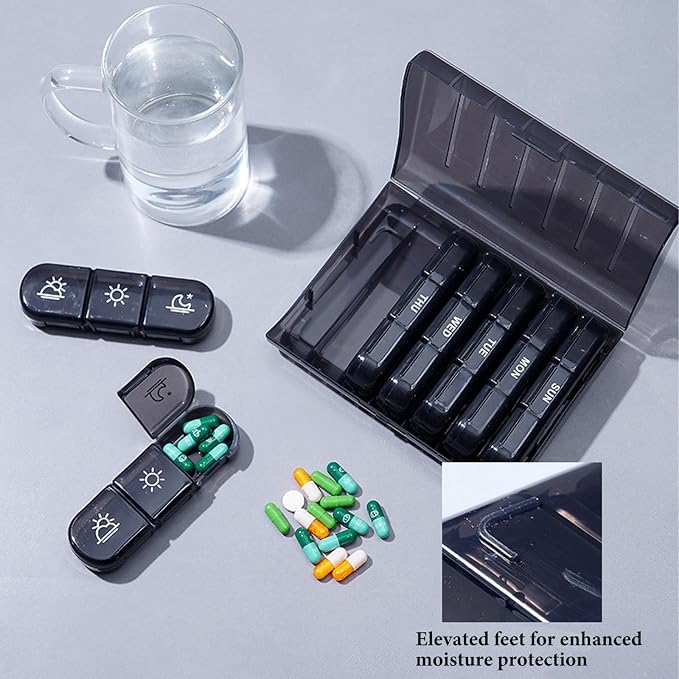 Weekly Pill Organizer 3 Times a Day, 7-Day Pill Boxes, Monthly Medication Organizer 21 Days Portable Compartments & Moisture-Proof Outer Case for Vitamins, Fish Oils, Supplements (Black)