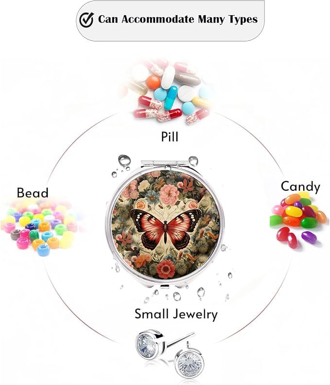 Small Pill Box 3 Detachable Compartments Pill Case with Mirror 2.4inches Pocket Round Medicine Organizer, Mini Portable Pill Organizer for Pocket Purse& Travel Convenience-Butterfly Flower Red