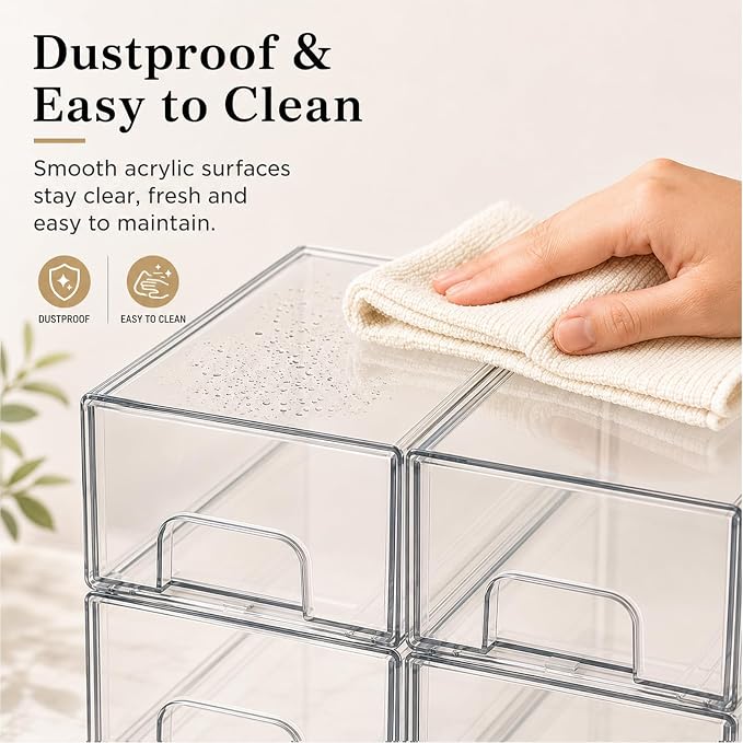 Clear Stackable Storage Drawers: Acrylic Organizer Bins 6 Pack | for Baby Bottle makeup Ideal for Countertop, Vanity, Station, Bathroom, Kichen Cabinet Pantry Organization
