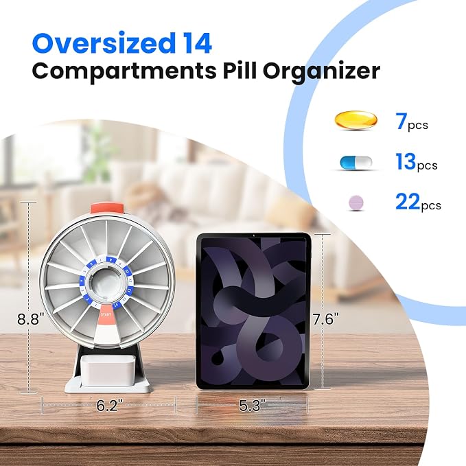 Odaro Large Weekly Pill Dispenser 7 Day Am Pm, Easy One Button, White | Daily Medicine Pill Organizer, Large Compartments, Wall & Counter Mount, Easy Use, Easy Refill, Sturdy Hard Plastic