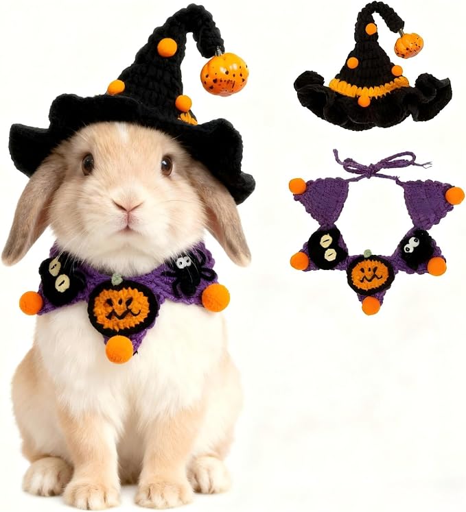 Halloween Dog Costume - Black Witch Hat & Halloween Outfit for Rabbits,Cats and Small Sized Dogs,Handmade Festive Halloween Pet Apparel with Pumpkin Design,Perfect for Dog & Cats
