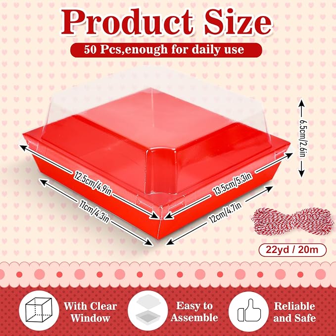 Whaline 50 Set Red Small Charcuterie Boxes with Clear Lids Forks Knives Mother's Day Clear Mini Dessert Box Disposable Food Container for Gift Giving Wedding Party Sandwich Cookie Sushi Cake