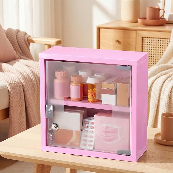 Timgle First Aid Wall Cabinet with Lock Medicine Wall Mounted Bathroom Storage Hanging Medical Cabinet with Safety Glass Door for Bathroom (2 Shelves,Pink)