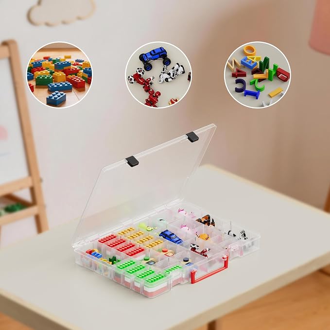 Tackle Box Organizer, Tool Box Organizer, Clear, 48 Compartments, Dividers | Adjustable Dividers for Tiny Toys, Clear View, Toy Car Storage Organizer, Built-In Handle, Latch Closure, Under-Bed Storage