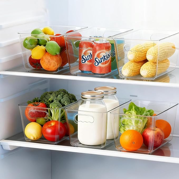 Clear Fridge Organizer Bins with Handles, 4 Pack Medium 10×6×5 Inch | Clear storage bins with handles, food organizer basket for kitchen, fridge, freezer and bedrooms