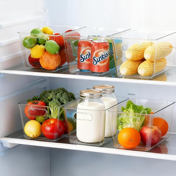 Clear Fridge Organizer Bins with Handles, 6 Pack Medium 10×6×5 Inch | Clear storage bins with handles, food organizer basket for kitchen, fridge, freezer and bedrooms