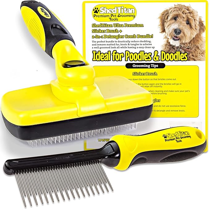 Doodle Brush Slicker for Dogs - Self Cleaning Dog Brush for Poodles, Goldendoodle Grooming Kit with Detangler Comb