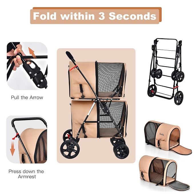PETSITE Double Dog Stroller, Foldable Pet Stroller for 2 Dogs & Cats Small Medium Sized with Detachable Carrier on Wheels, Ideal for Car Seat Walking Camping Travel
